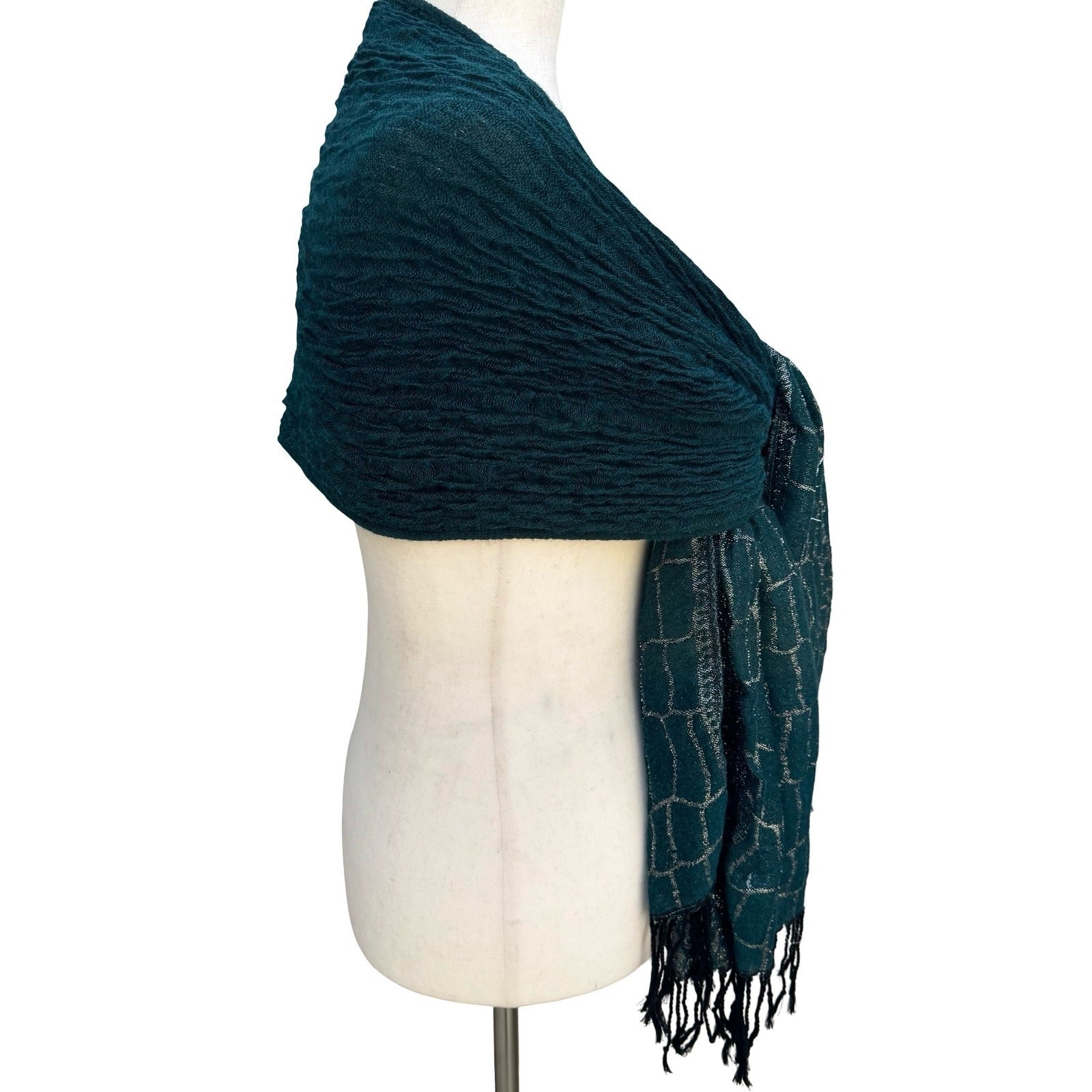 Teal Green Crinkle Knit Wrap Scarf Silver Metallic Geometric Fringe Formal Shawl