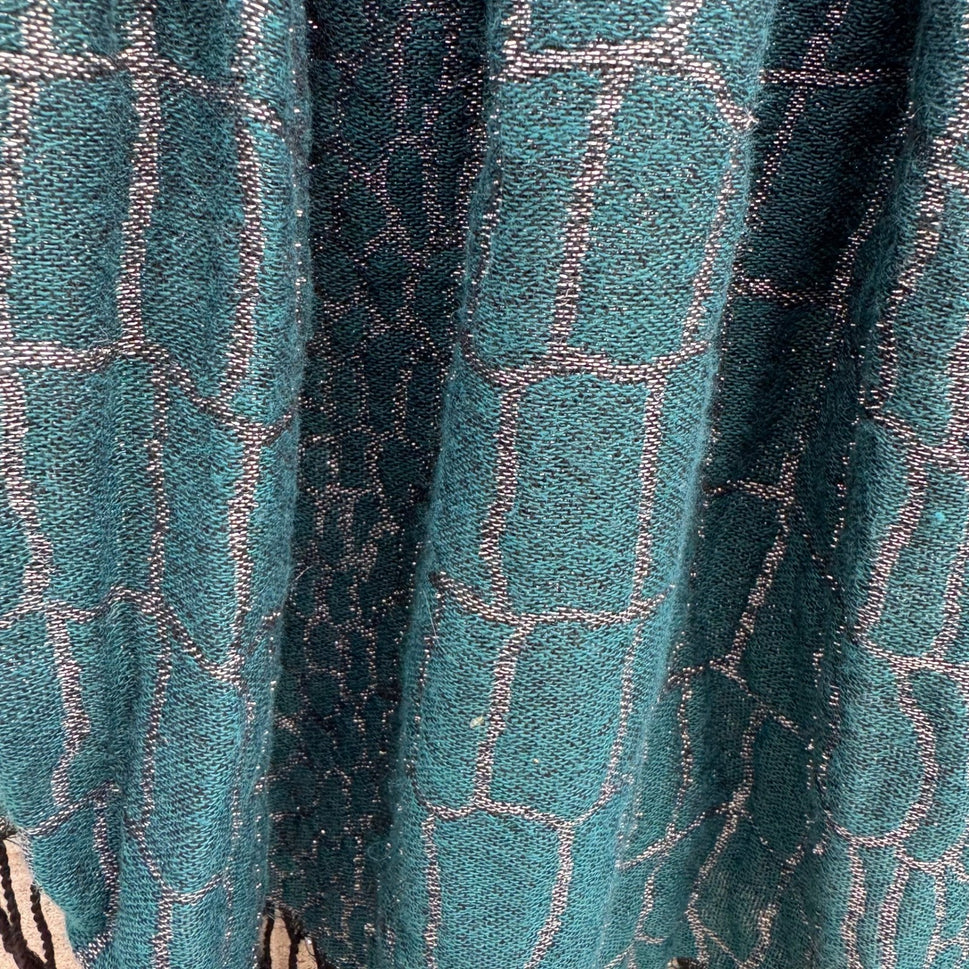 Teal Green Crinkle Knit Wrap Scarf Silver Metallic Geometric Fringe Formal Shawl