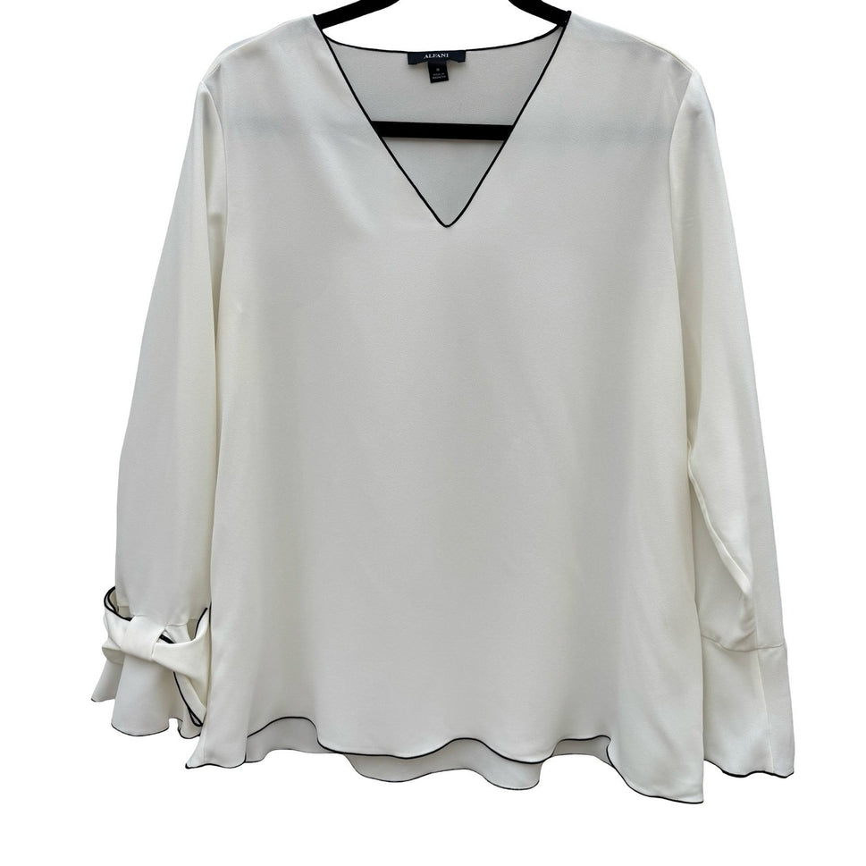 Alfani Womens White V-Neck Blouse Black Contrast Trim Bow Bell Cuff Medium NWT