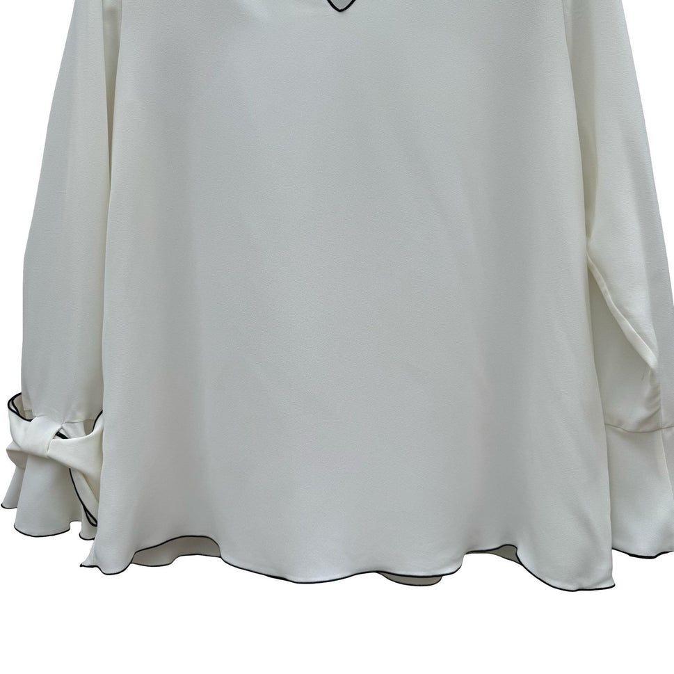 Alfani Womens White V-Neck Blouse Black Contrast Trim Bow Bell Cuff Medium NWT