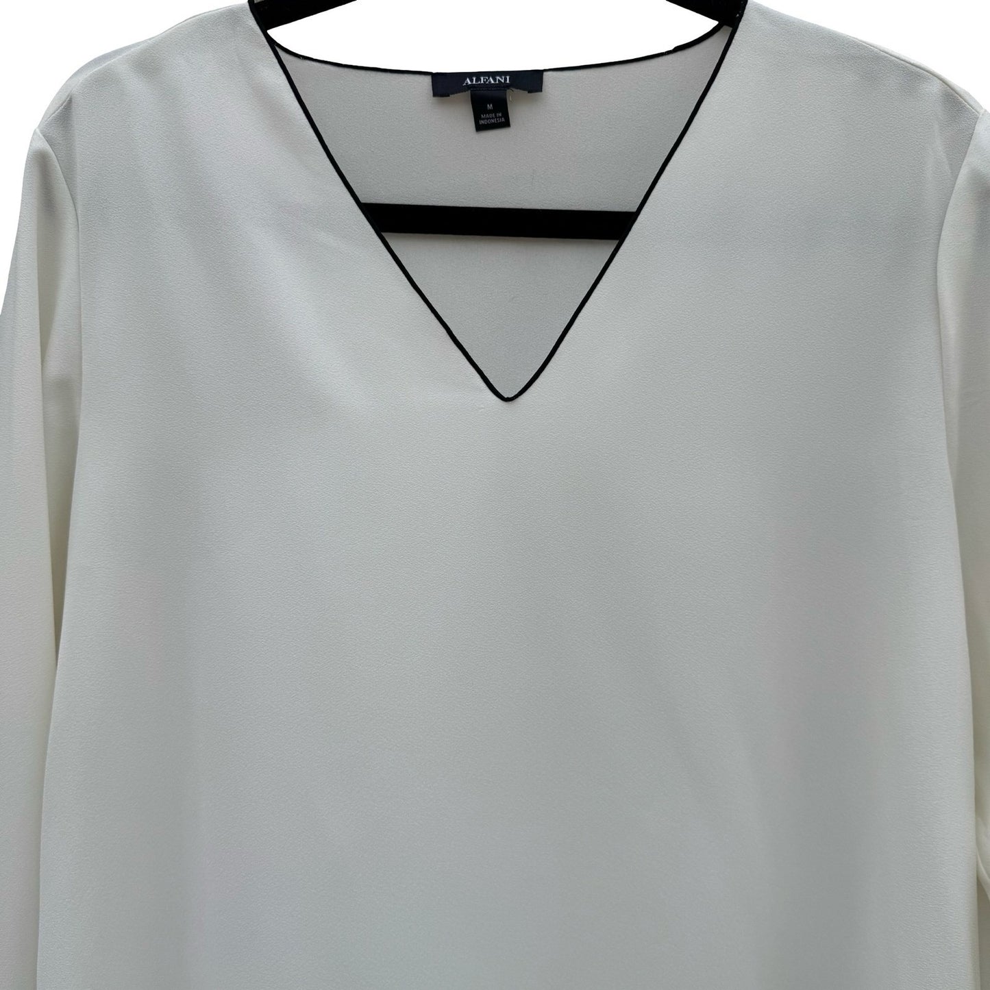Alfani Womens White V-Neck Blouse Black Contrast Trim Bow Bell Cuff Medium NWT