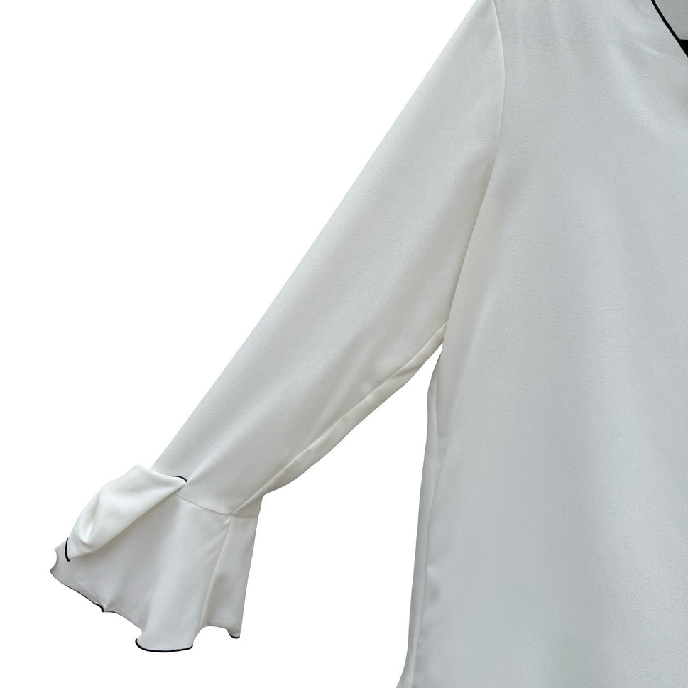Alfani Womens White V-Neck Blouse Black Contrast Trim Bow Bell Cuff Medium NWT