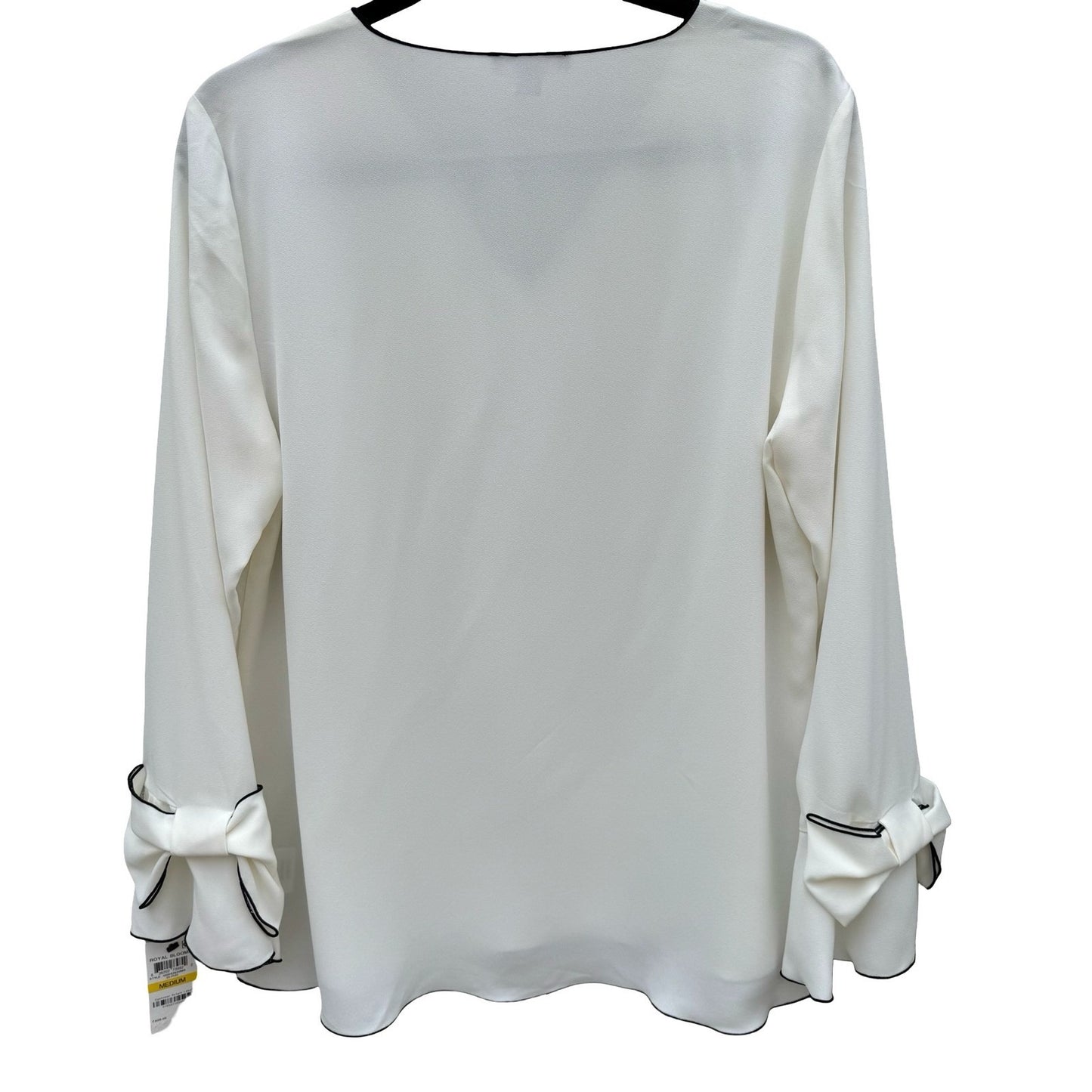 Alfani Womens White V-Neck Blouse Black Contrast Trim Bow Bell Cuff Medium NWT