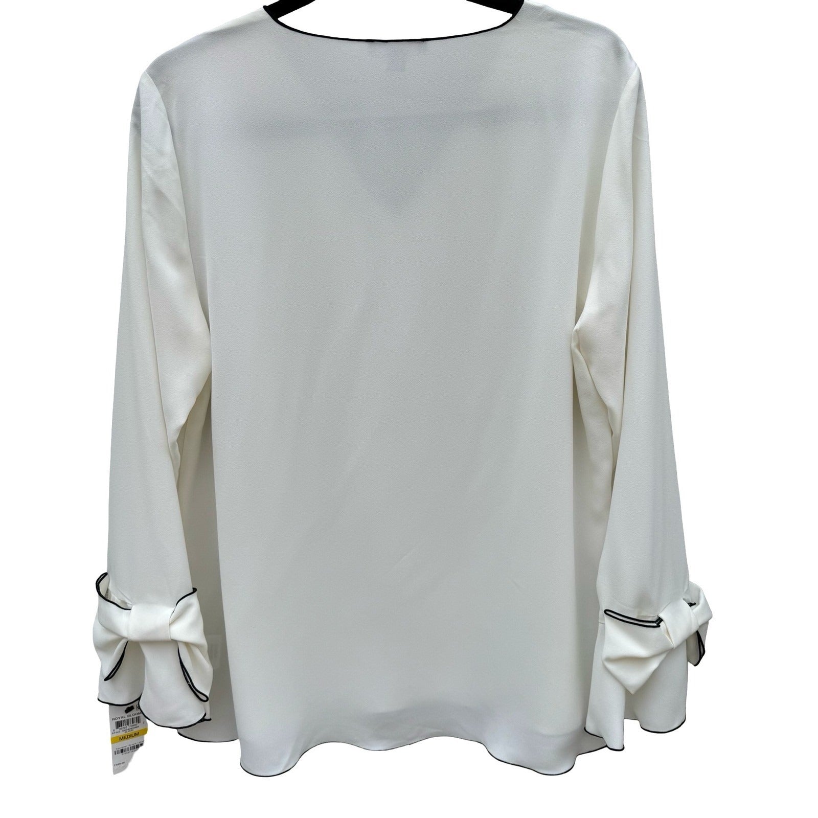 Alfani Womens White V-Neck Blouse Black Contrast Trim Bow Bell Cuff Medium NWT