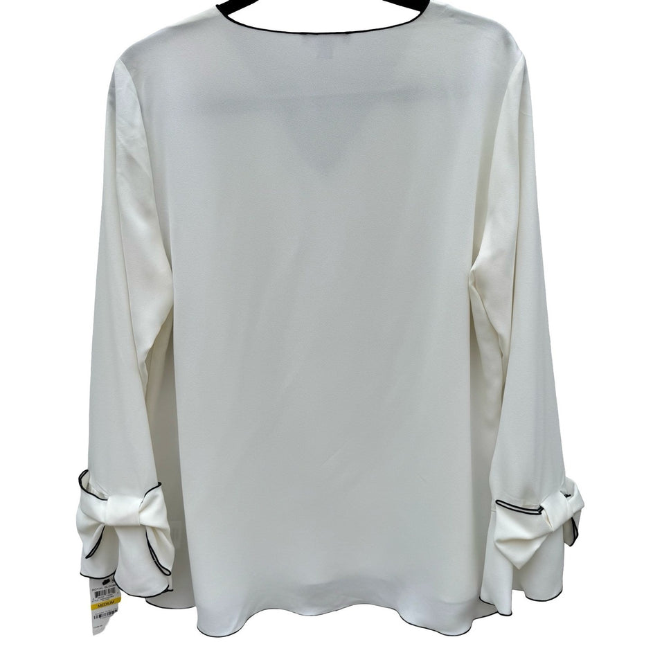 Alfani Womens White V-Neck Blouse Black Contrast Trim Bow Bell Cuff Medium NWT
