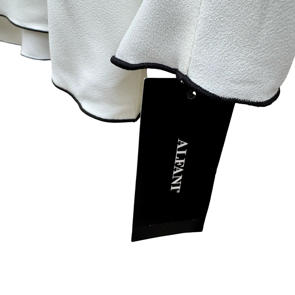 Alfani Womens White V-Neck Blouse Black Contrast Trim Bow Bell Cuff Medium NWT