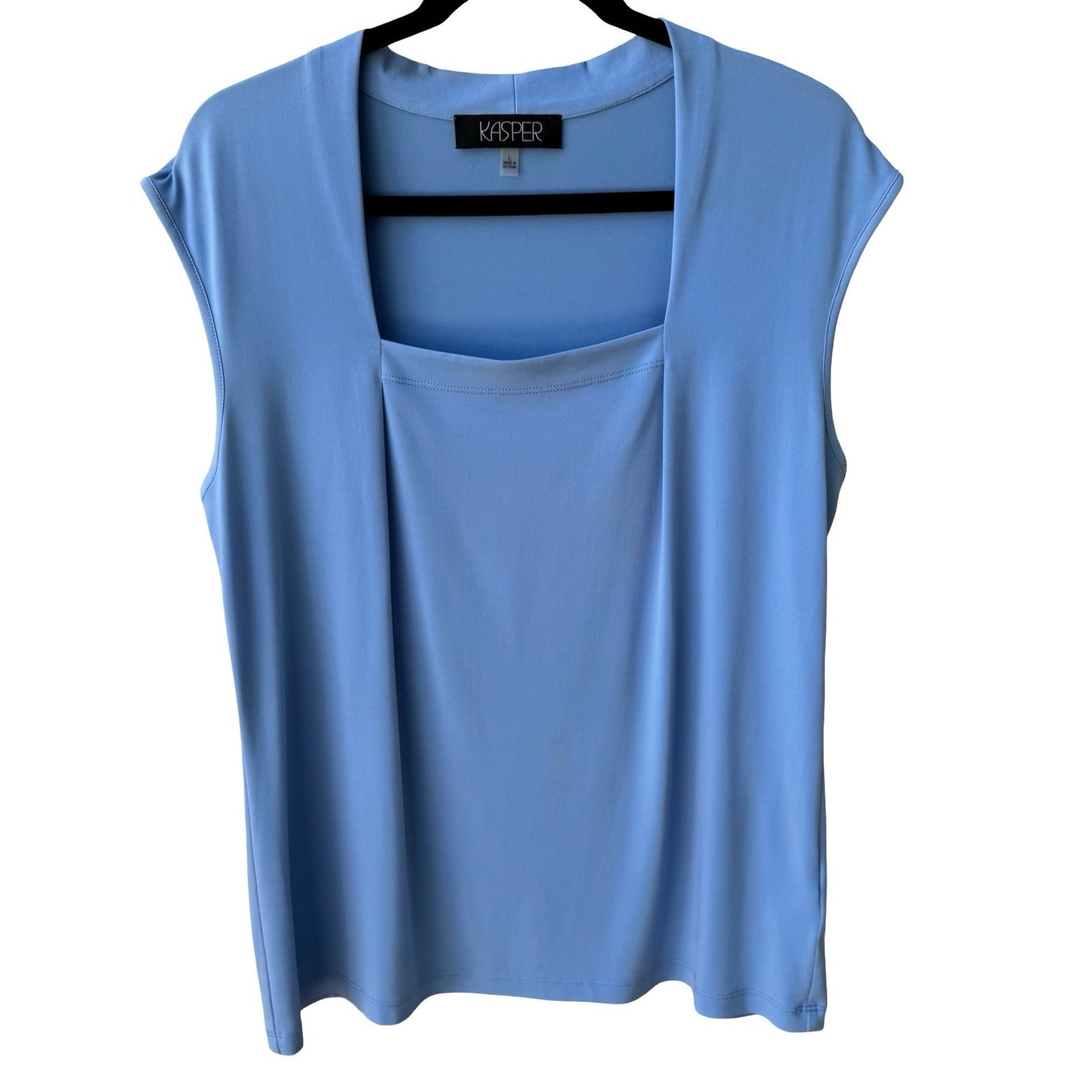 Kasper Minimalist Square Neck Sleeveless Pleated Neck Shell Blouse Pastel Blue L