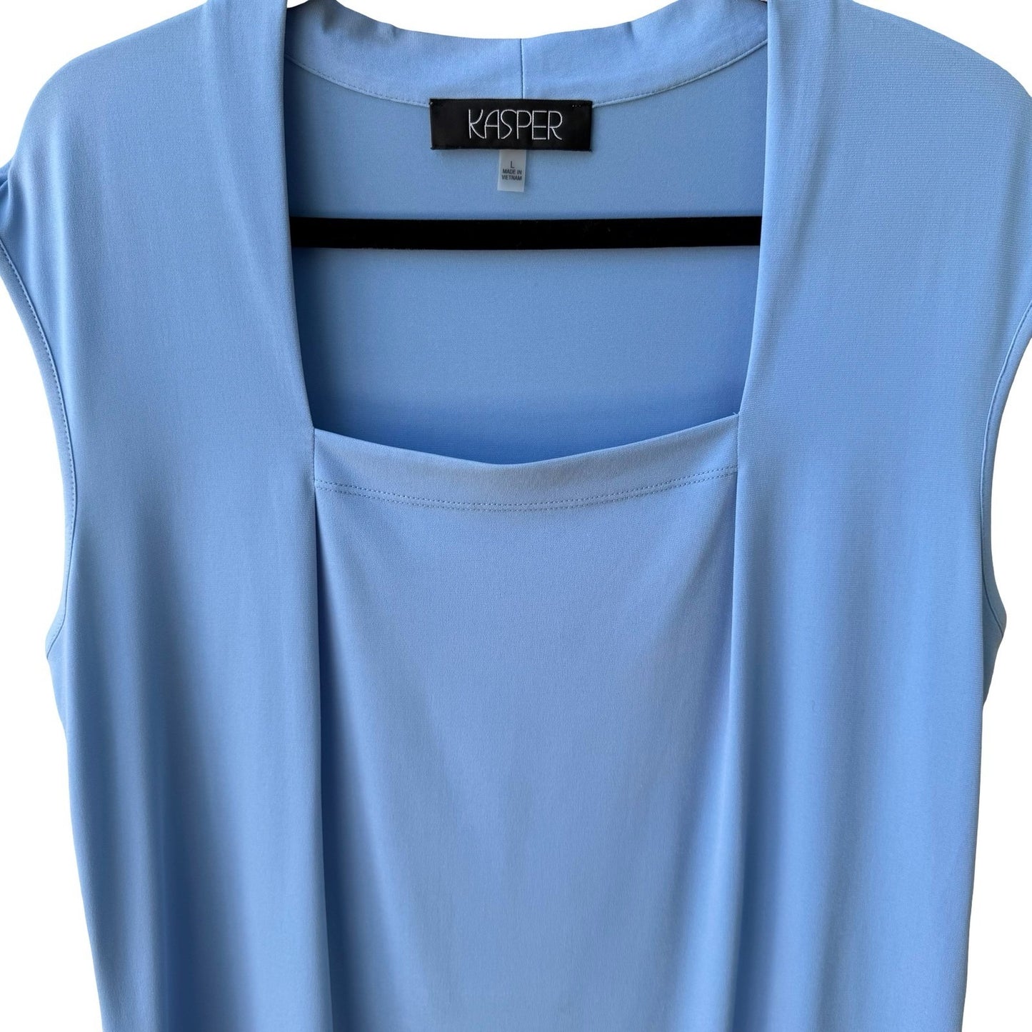 Kasper Minimalist Square Neck Sleeveless Pleated Neck Shell Blouse Pastel Blue L