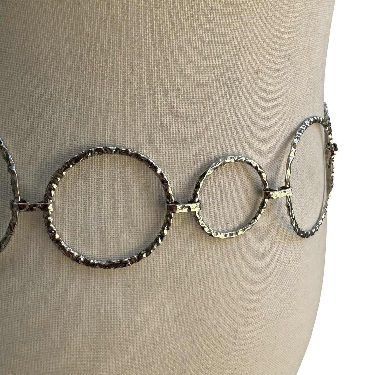 Silver Hammered Ring Chain Belt Adjustable Textured Circle Link Boho Statement