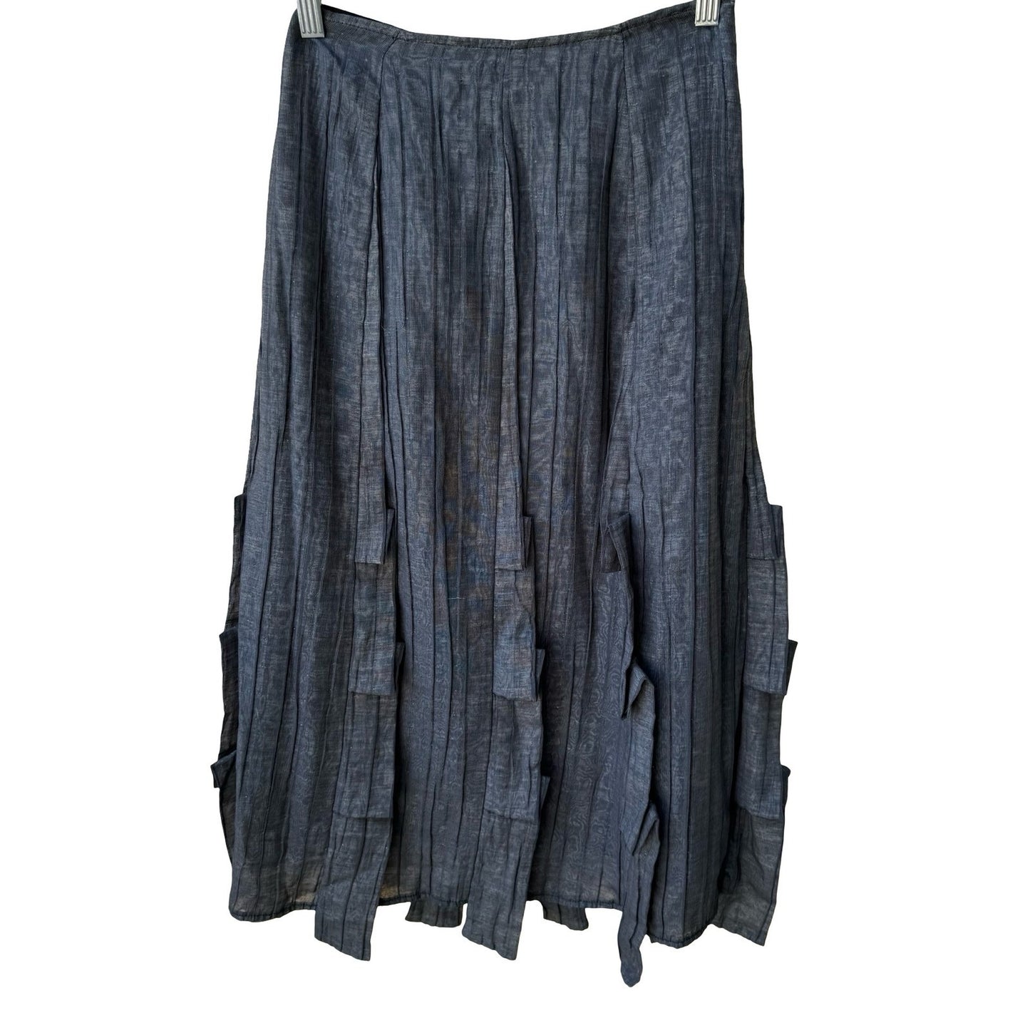 DIN Avant-Garde Lagenlook Minimalist Edgy Pleated Tiered Tab Midi Skirt Gray XS