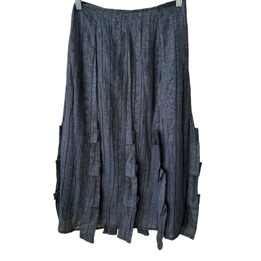DIN Avant-Garde Lagenlook Minimalist Edgy Pleated Tiered Tab Midi Skirt Gray XS