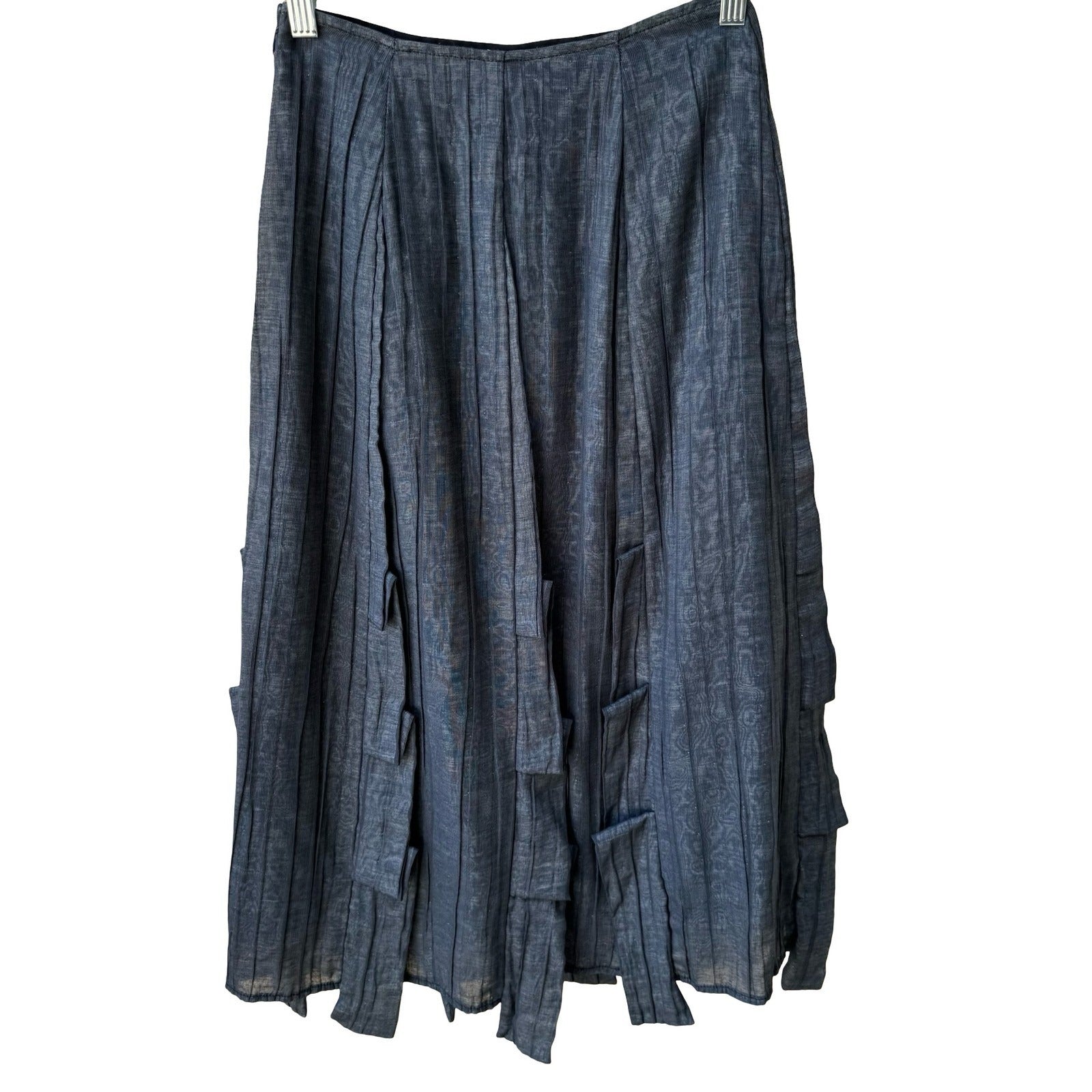 DIN Avant-Garde Lagenlook Minimalist Edgy Pleated Tiered Tab Midi Skirt Gray XS