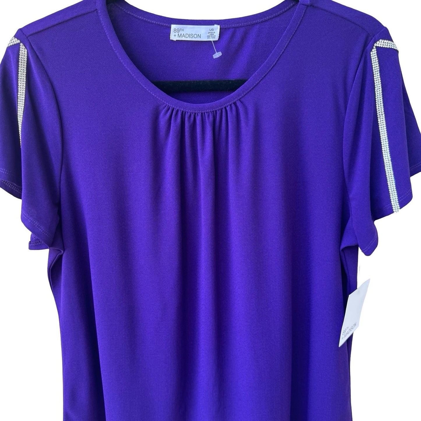 89th + Madison Glam Party Rhinestone Trim Sleeve Jewel Tone Purple Blouse L NEW