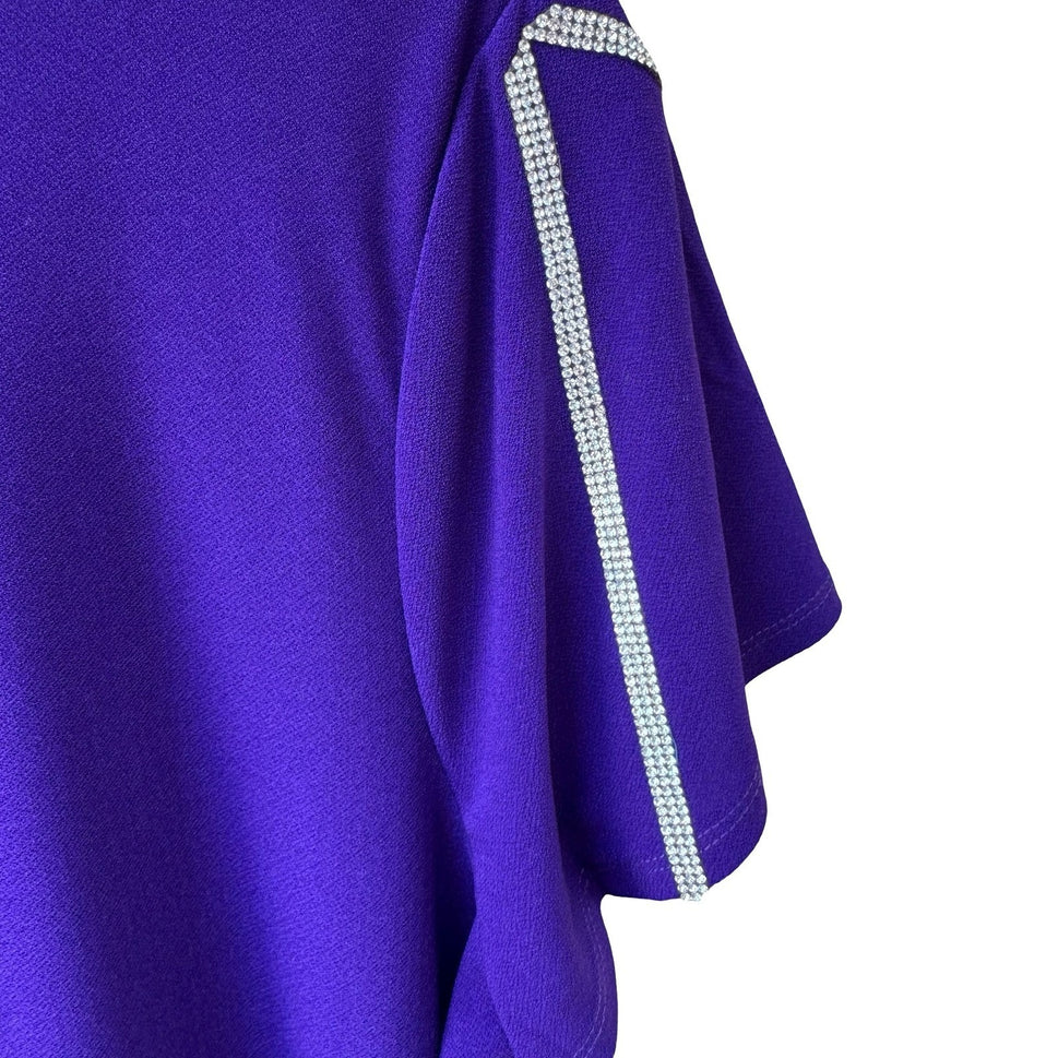 89th + Madison Glam Party Rhinestone Trim Sleeve Jewel Tone Purple Blouse L NEW