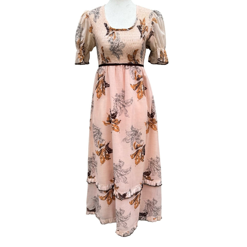 Vintage 60s 70s Smocked Empire Waist Maxi Peasant Dress Peach Floral Puff Sleeve
