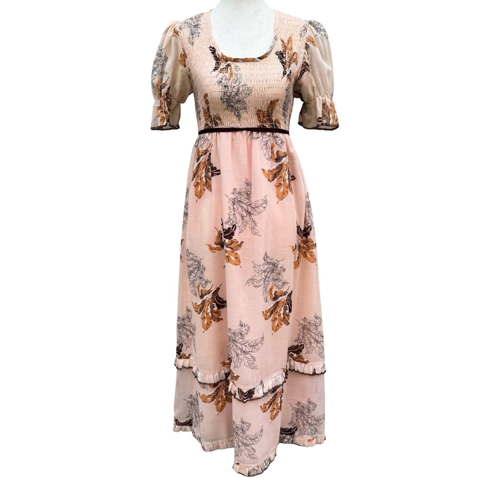 Vintage 60s 70s Smocked Empire Waist Maxi Peasant Dress Peach Floral Puff Sleeve