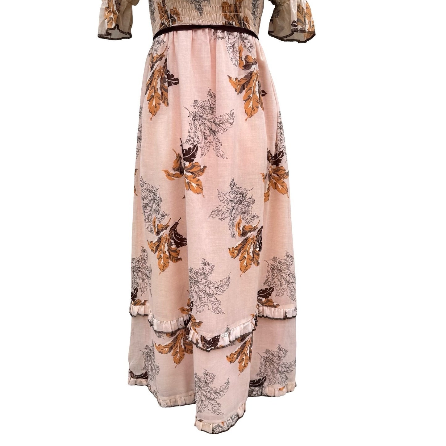 Vintage 60s 70s Smocked Empire Waist Maxi Peasant Dress Peach Floral Puff Sleeve