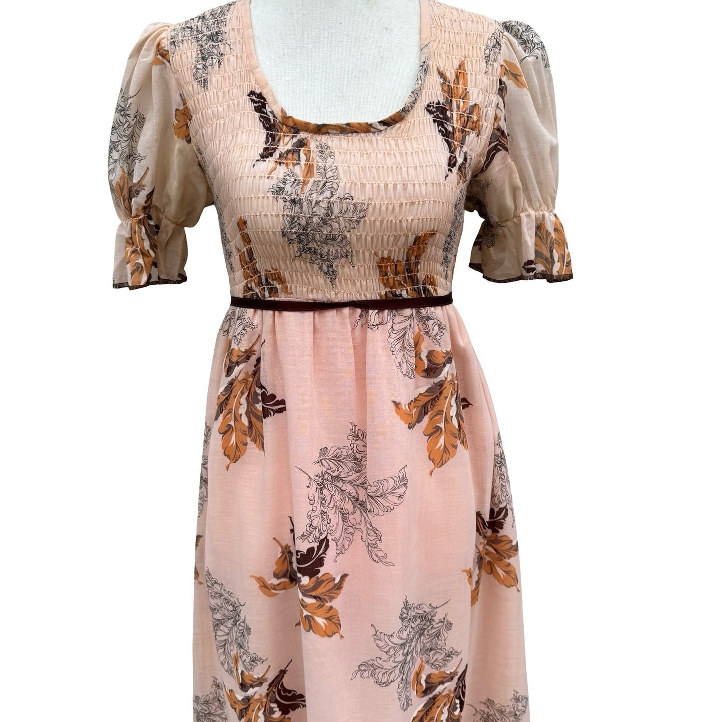 Vintage 60s 70s Smocked Empire Waist Maxi Peasant Dress Peach Floral Puff Sleeve