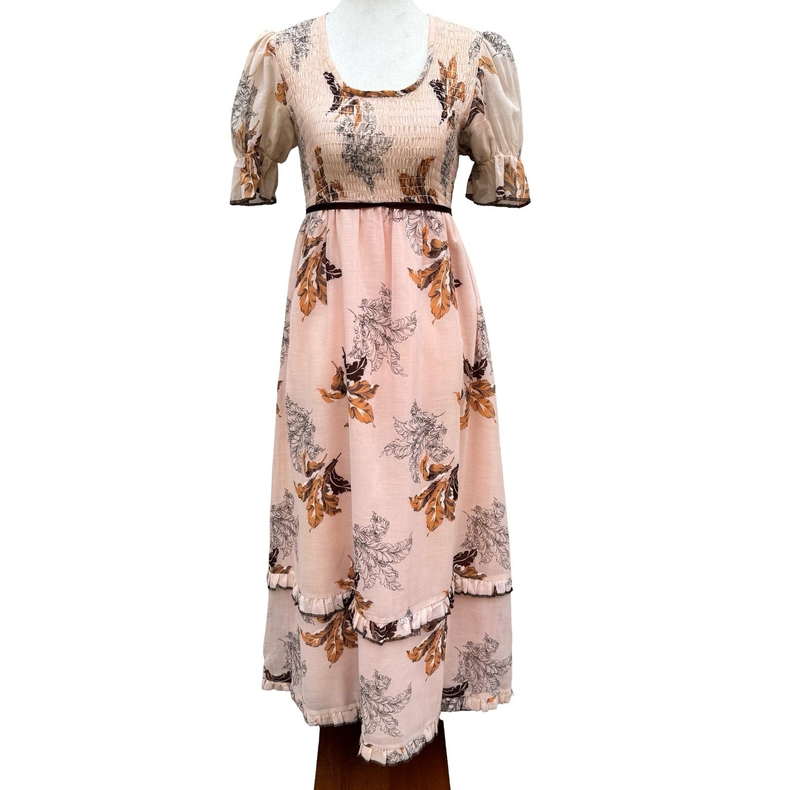 Vintage 60s 70s Smocked Empire Waist Maxi Peasant Dress Peach Floral Puff Sleeve