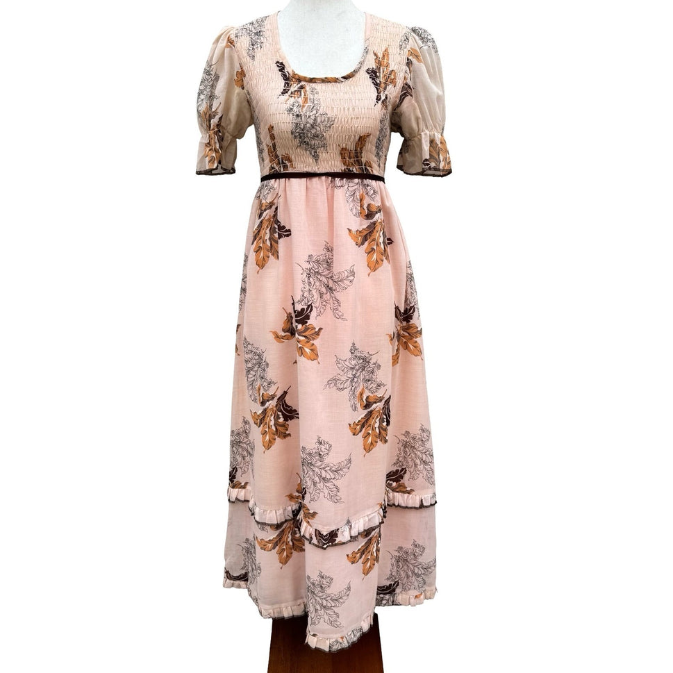 Vintage 60s 70s Smocked Empire Waist Maxi Peasant Dress Peach Floral Puff Sleeve