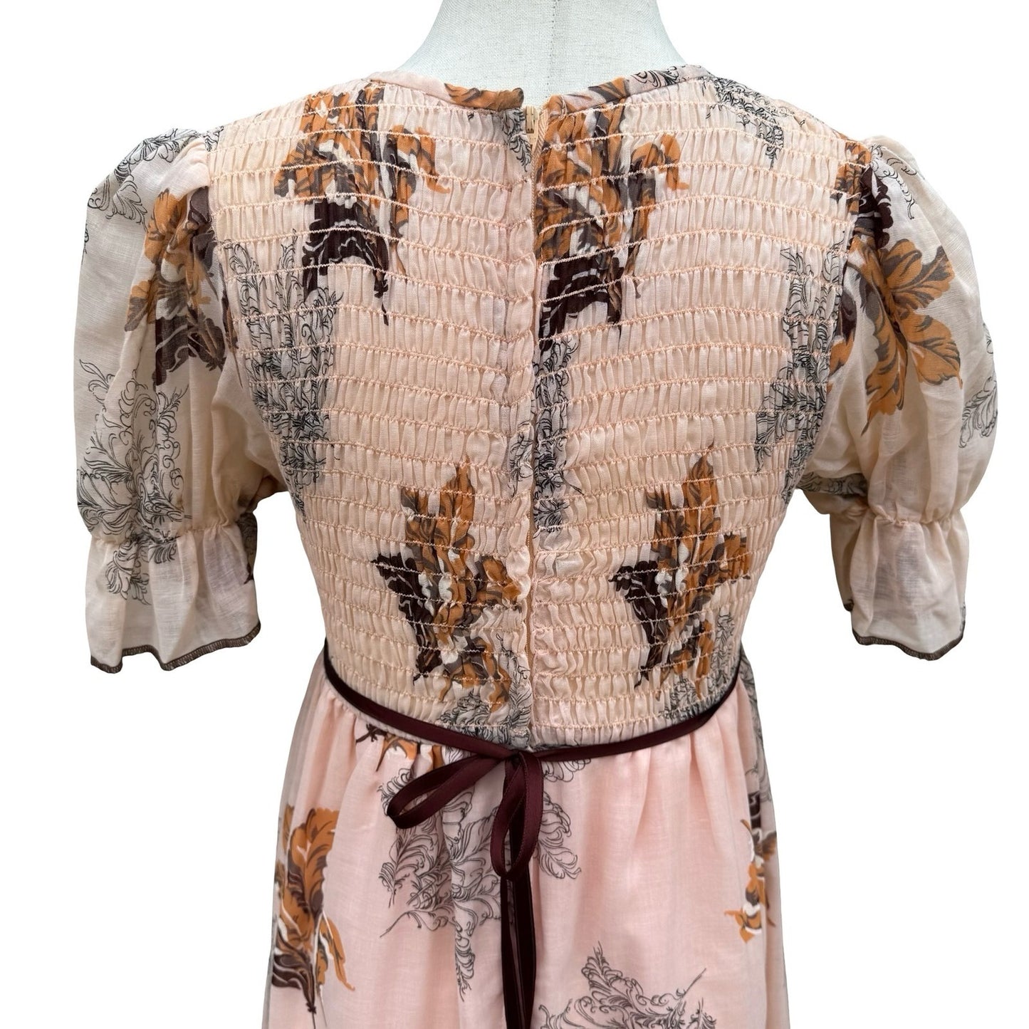 Vintage 60s 70s Smocked Empire Waist Maxi Peasant Dress Peach Floral Puff Sleeve