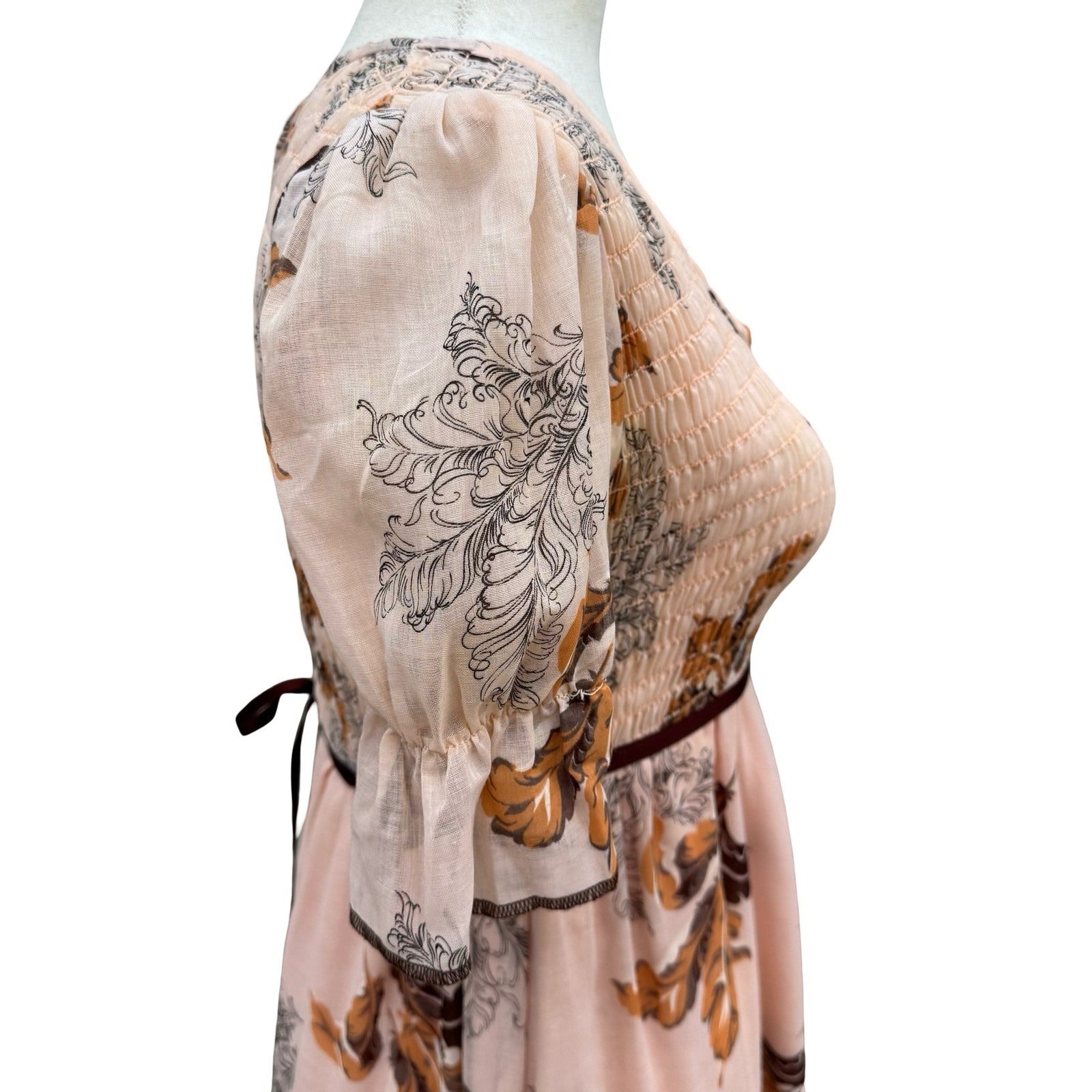 Vintage 60s 70s Smocked Empire Waist Maxi Peasant Dress Peach Floral Puff Sleeve