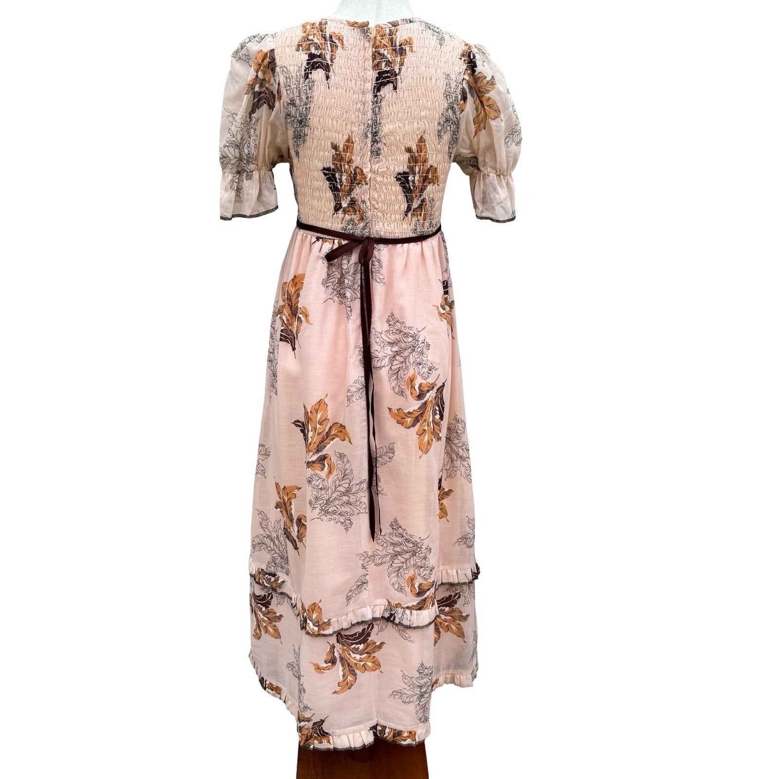 Vintage 60s 70s Smocked Empire Waist Maxi Peasant Dress Peach Floral Puff Sleeve