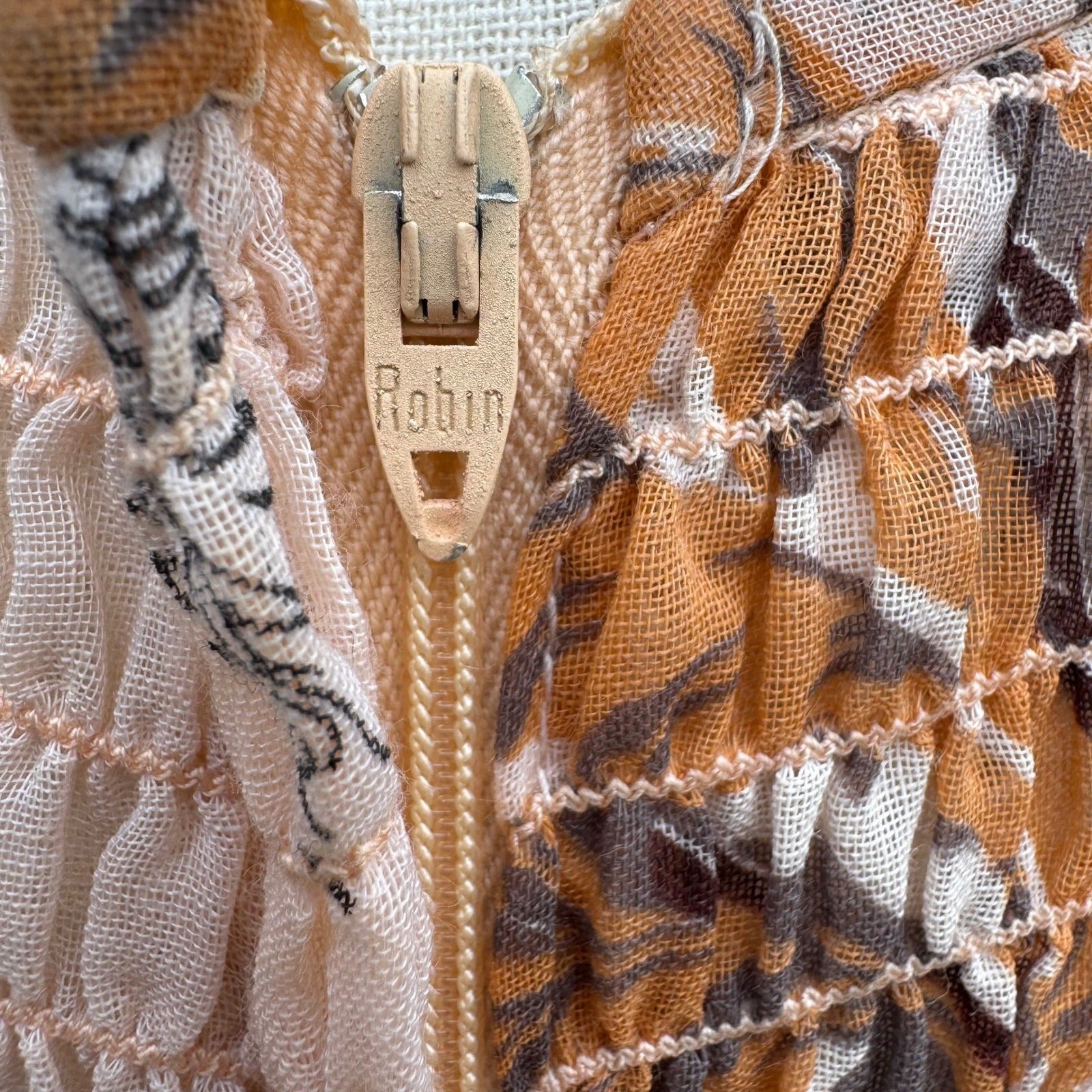 Vintage 60s 70s Smocked Empire Waist Maxi Peasant Dress Peach Floral Puff Sleeve