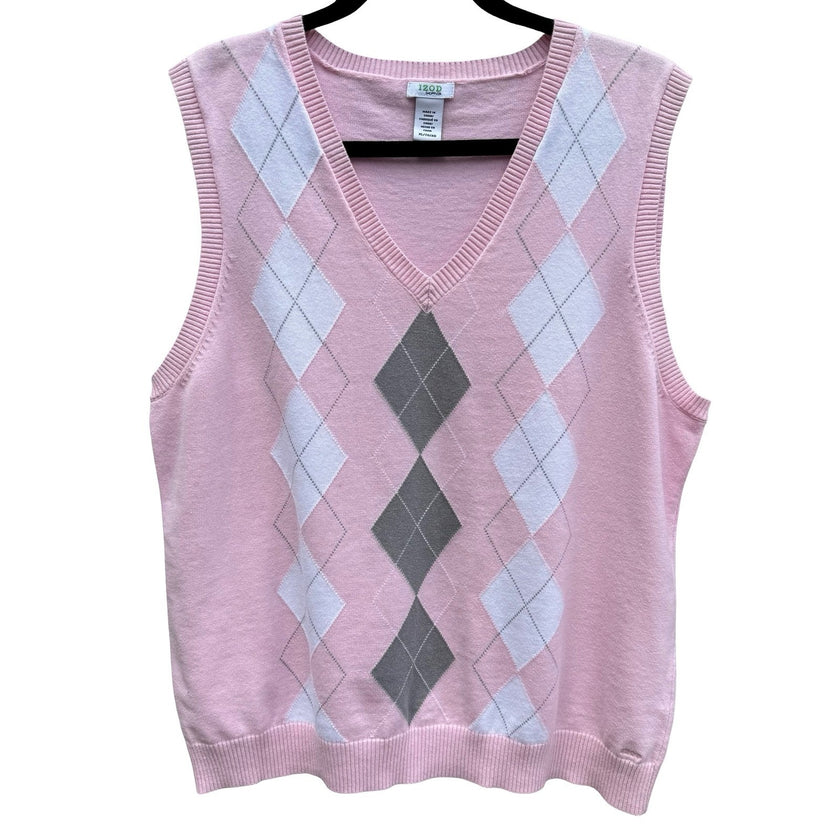IZOD XFG Mens XL Pink Argyle Cotton V-Neck Sweater Vest Sleeveless Knit Preppy