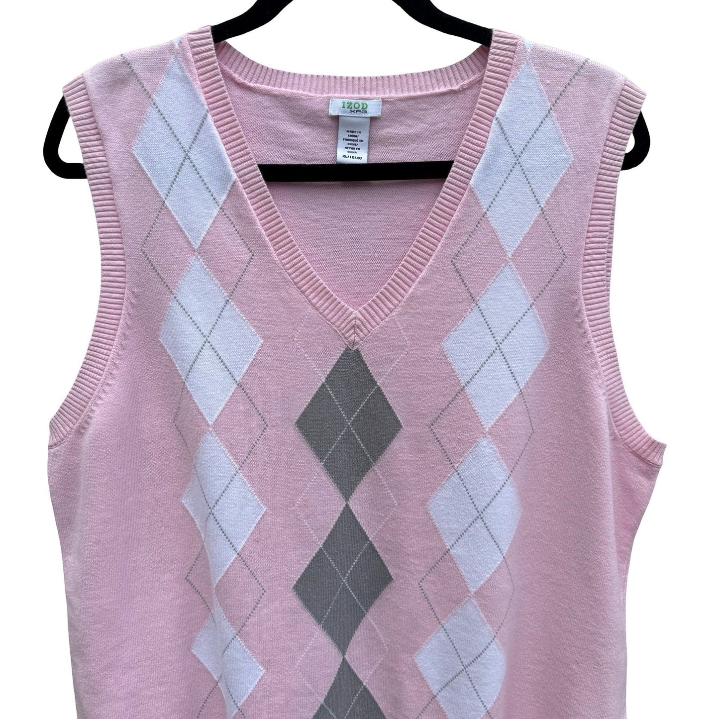 IZOD XFG Mens XL Pink Argyle Cotton V-Neck Sweater Vest Sleeveless Knit Preppy