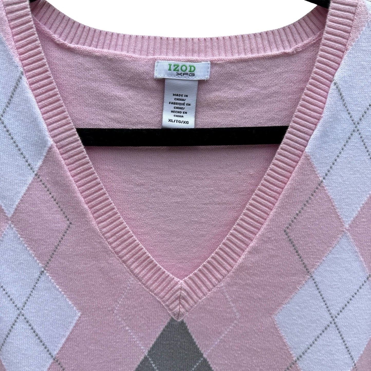 IZOD XFG Mens XL Pink Argyle Cotton V-Neck Sweater Vest Sleeveless Knit Preppy