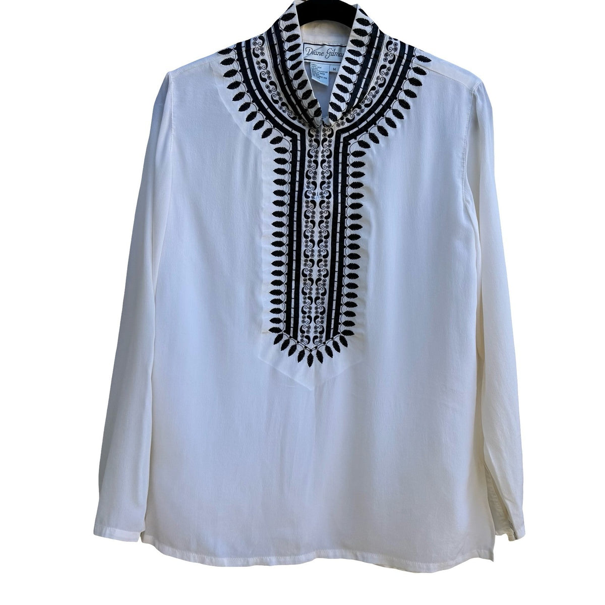 Diane Gilman Silk Boho Flowy Coastal Band Collar Embroidered Tunic Blouse M
