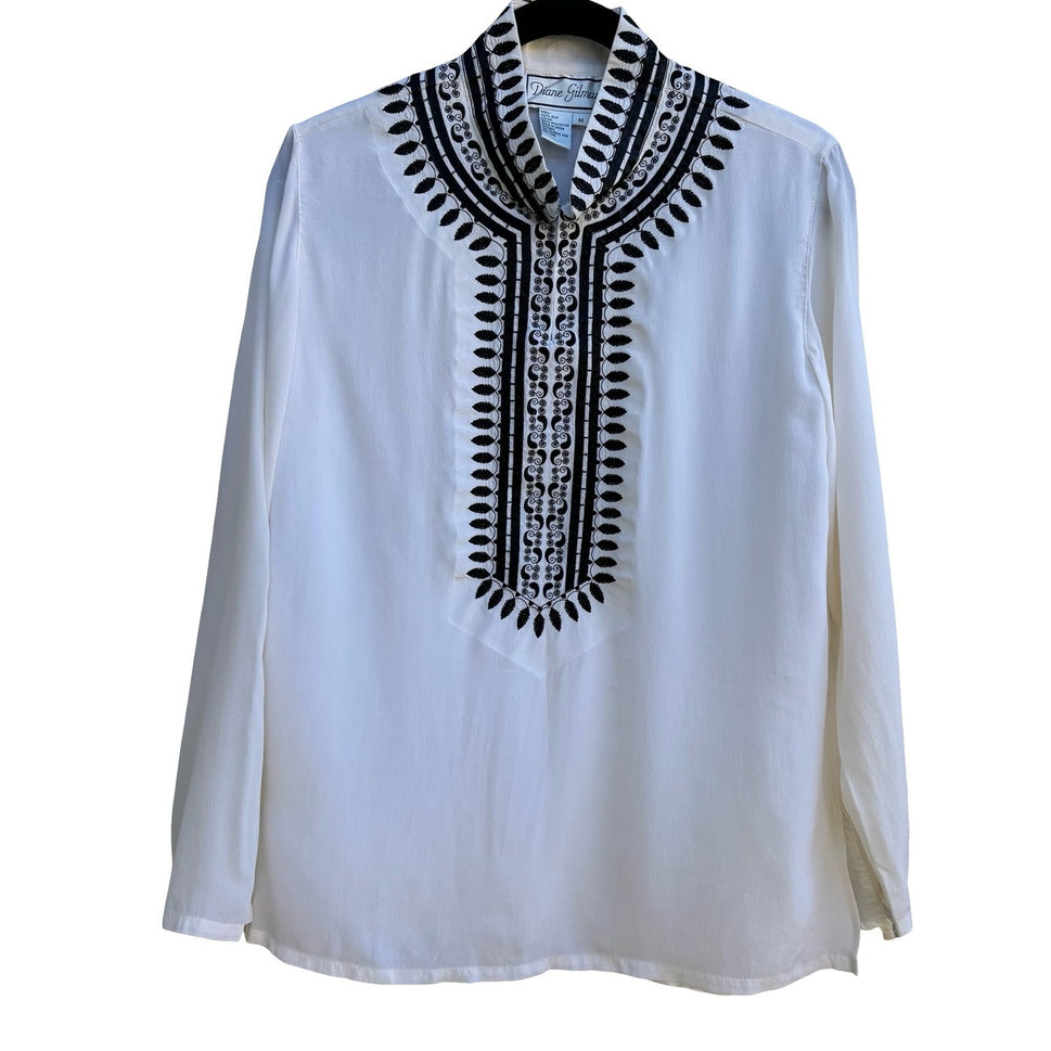 Diane Gilman Silk Boho Flowy Coastal Band Collar Embroidered Tunic Blouse M