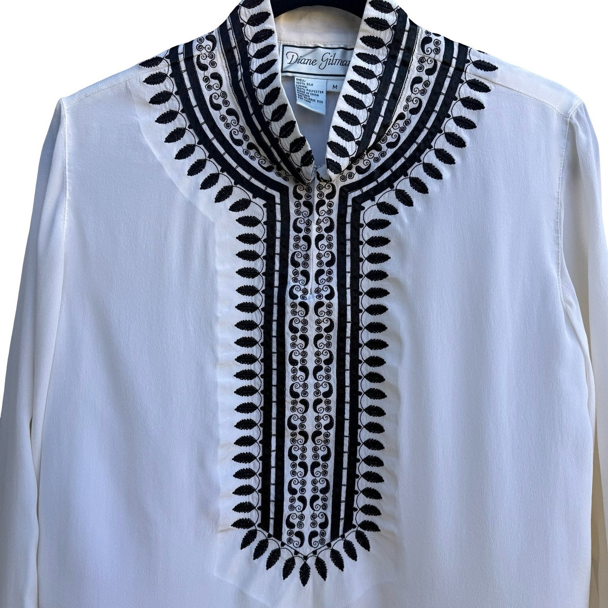 Diane Gilman Silk Boho Flowy Coastal Band Collar Embroidered Tunic Blouse M