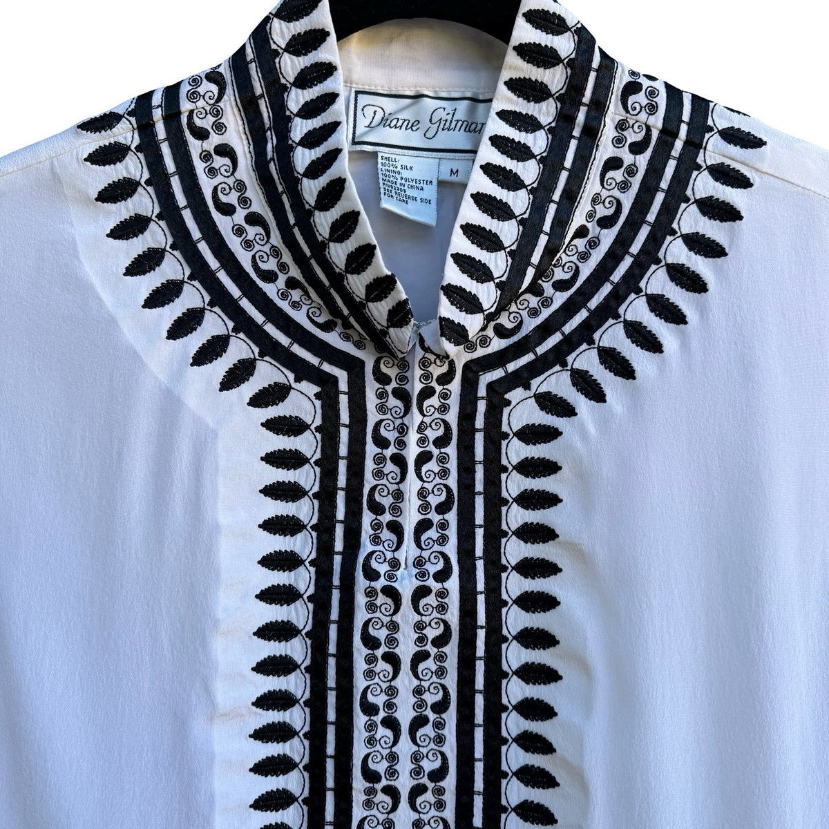 Diane Gilman Silk Boho Flowy Coastal Band Collar Embroidered Tunic Blouse M