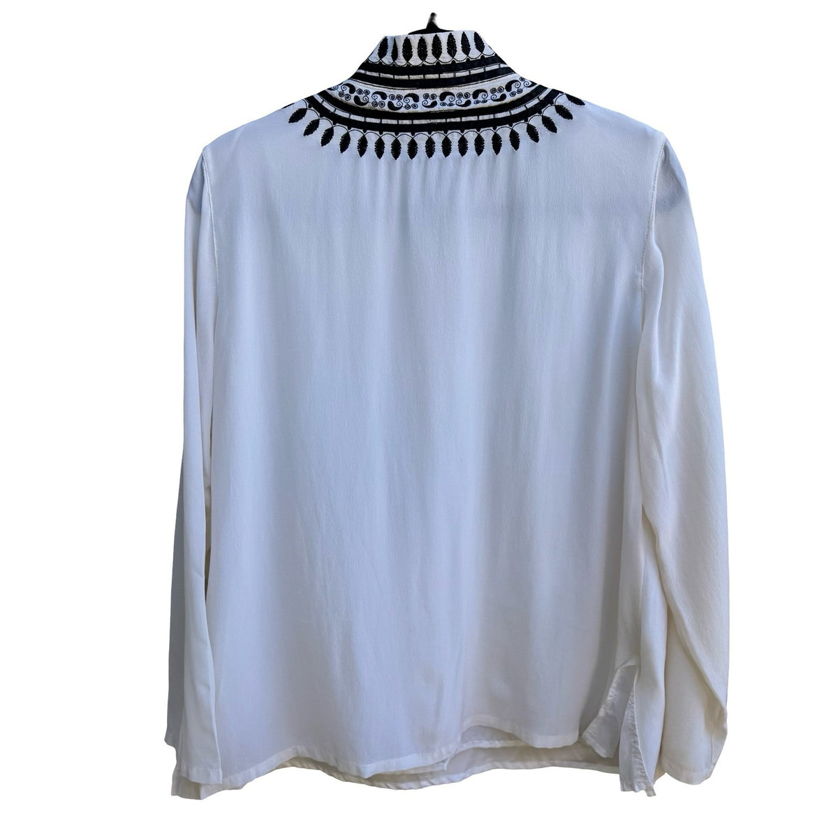 Diane Gilman Silk Boho Flowy Coastal Band Collar Embroidered Tunic Blouse M