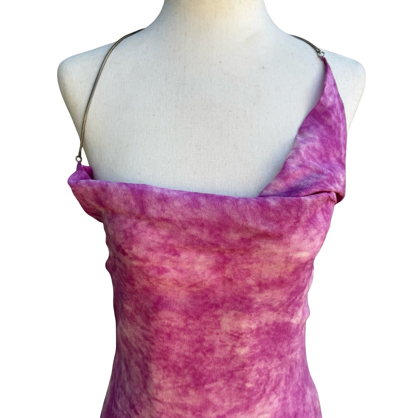 Sheri Bodell Y2K Silk Pink Tie Dye Ethereal Mermaid Halter Chain Midi Dress S