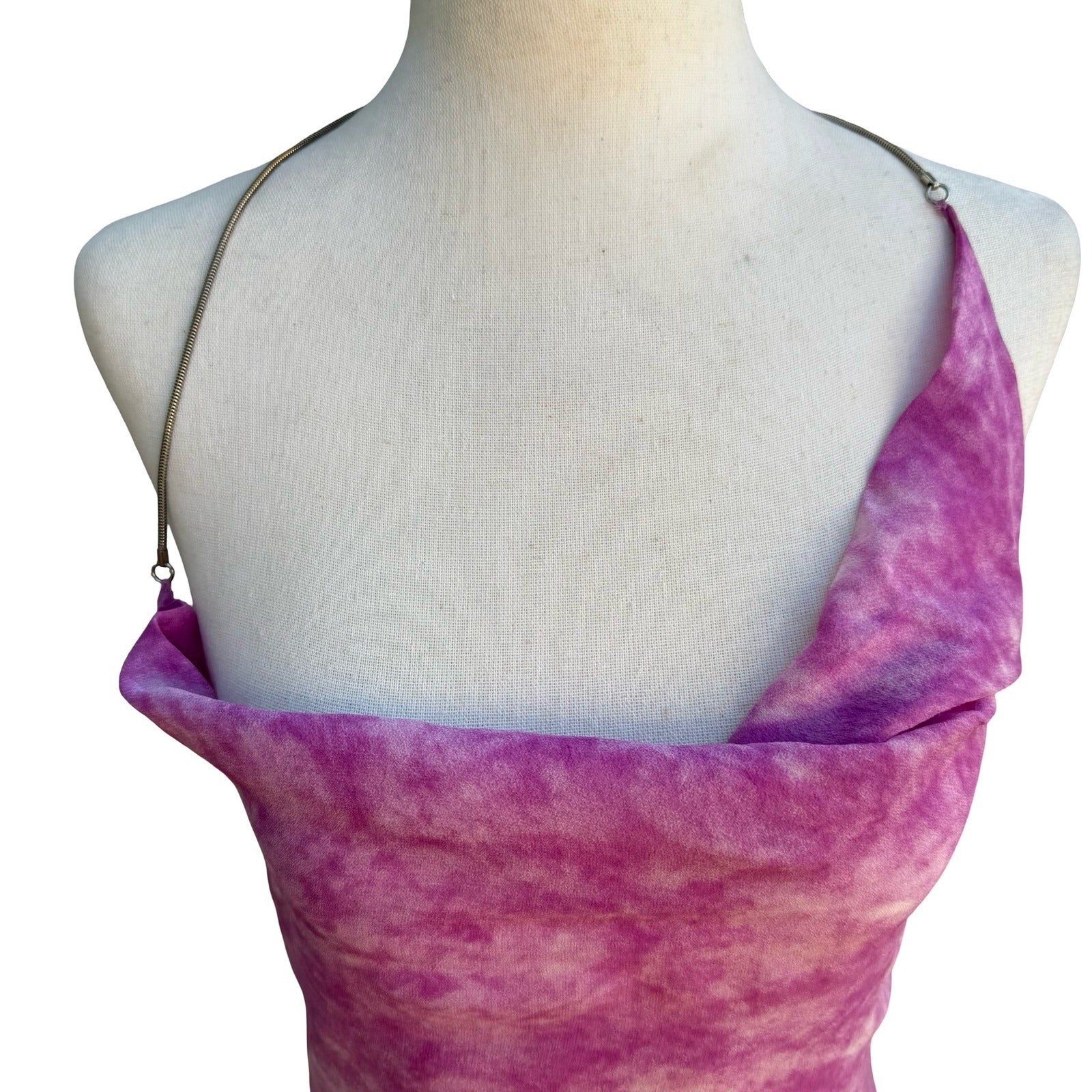 Sheri Bodell Y2K Silk Pink Tie Dye Ethereal Mermaid Halter Chain Midi Dress S