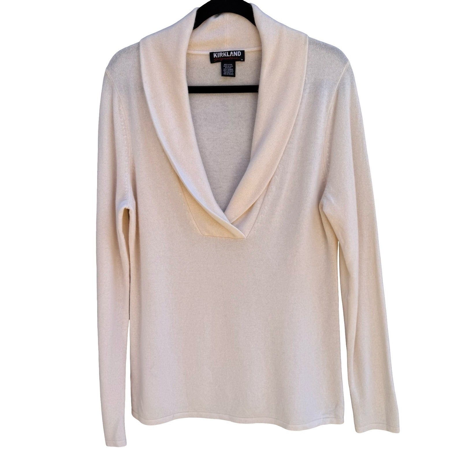 Kirkland Pure Cashmere Old Money Cream Shawl Collar V-Neck Sweater Pullover XL