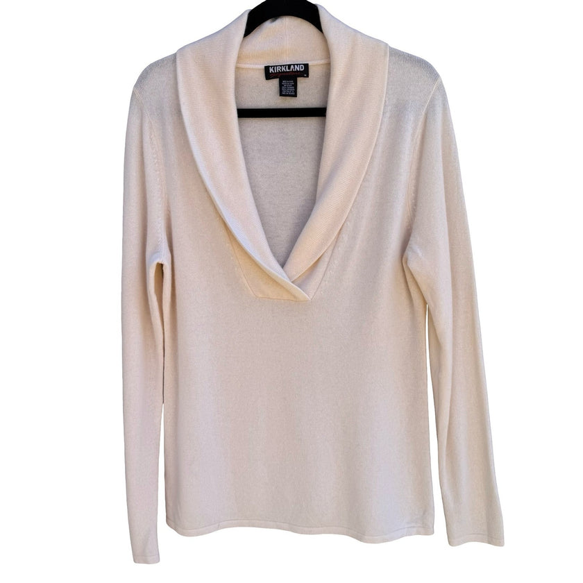 Kirkland Pure Cashmere Old Money Cream Shawl Collar V-Neck Sweater Pullover XL