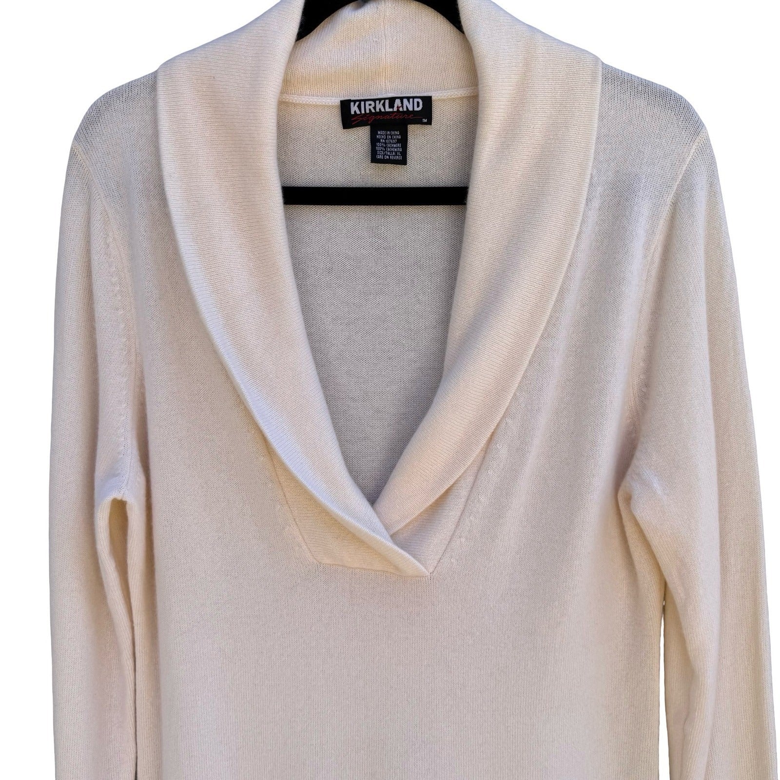 Kirkland Pure Cashmere Old Money Cream Shawl Collar V-Neck Sweater Pullover XL