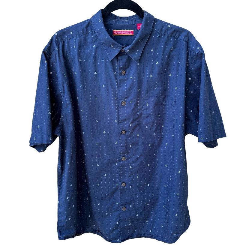 Havanera Nautical Anchor Print Coastal Sailor Preppy Cotton Shirt Navy Mens XL