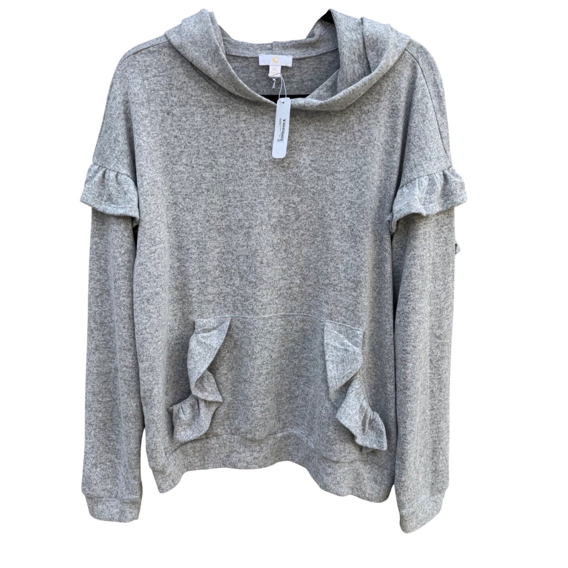 Charming Charlie Womens Grey Pullover Hoodie Ruffle Detail Kangaroo Pocket XL
