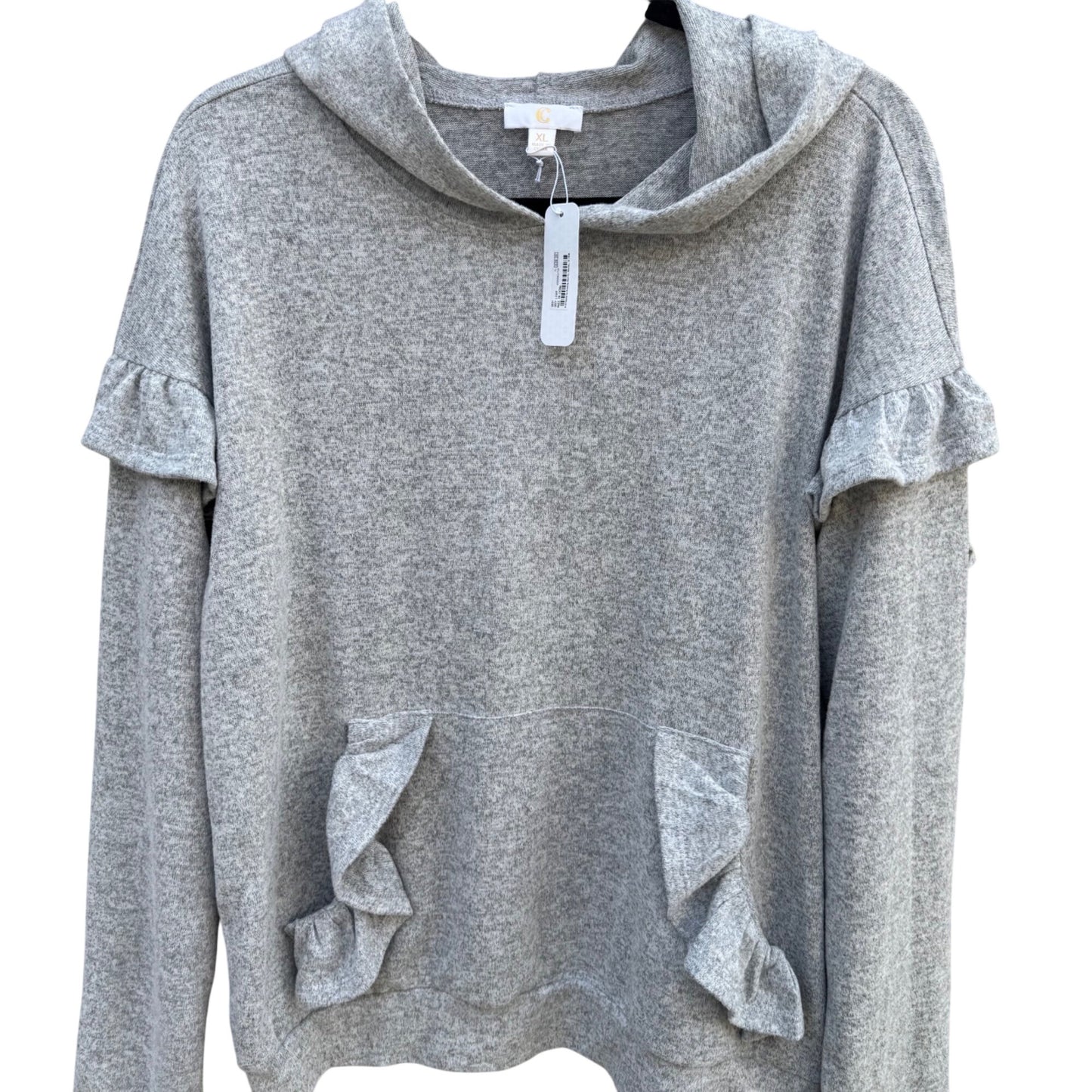 Charming Charlie Womens Grey Pullover Hoodie Ruffle Detail Kangaroo Pocket XL