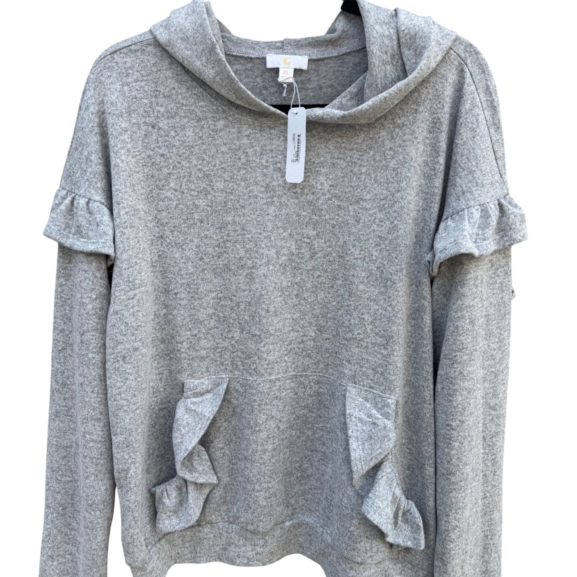Charming Charlie Womens Grey Pullover Hoodie Ruffle Detail Kangaroo Pocket XL