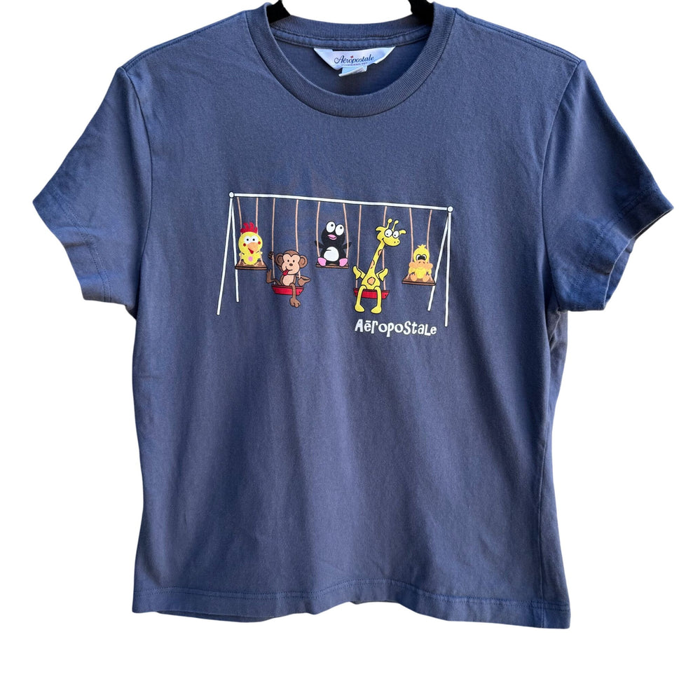 Aeropostale Vintage Y2K Babydoll Animal Swing Graphic Boyfriend Tee Blue Shirt M