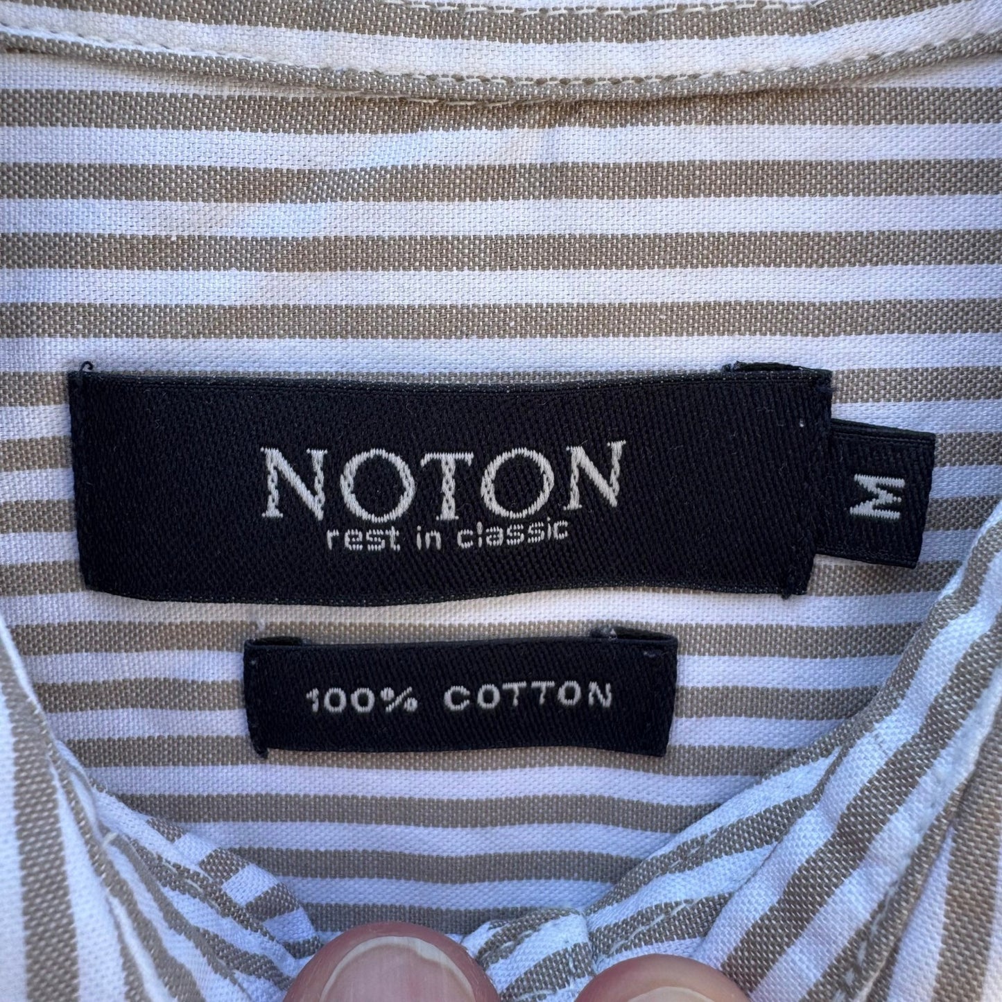 NOTON Mens Khaki White Striped Cotton Button Down Shirt Windmill Logo Size M