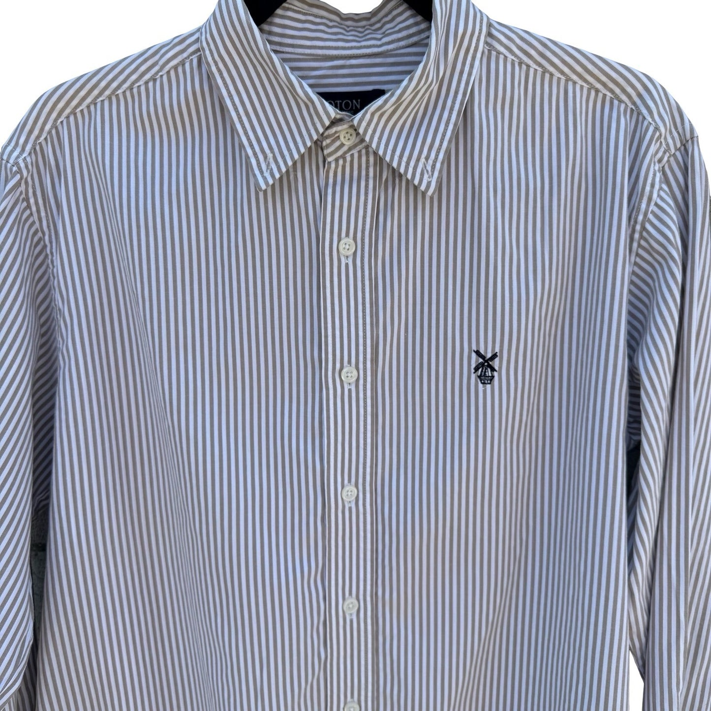 NOTON Mens Khaki White Striped Cotton Button Down Shirt Windmill Logo Size M