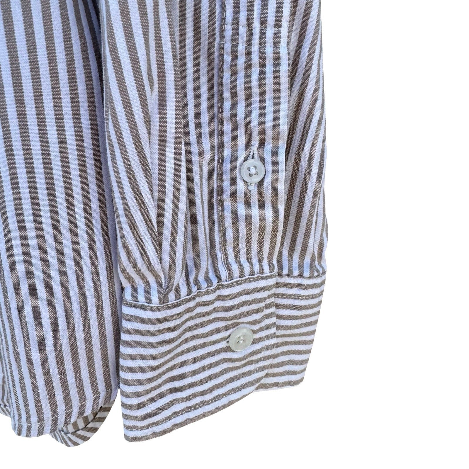 NOTON Mens Khaki White Striped Cotton Button Down Shirt Windmill Logo Size M