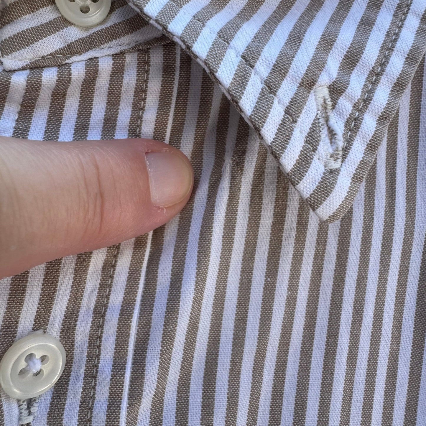 NOTON Mens Khaki White Striped Cotton Button Down Shirt Windmill Logo Size M